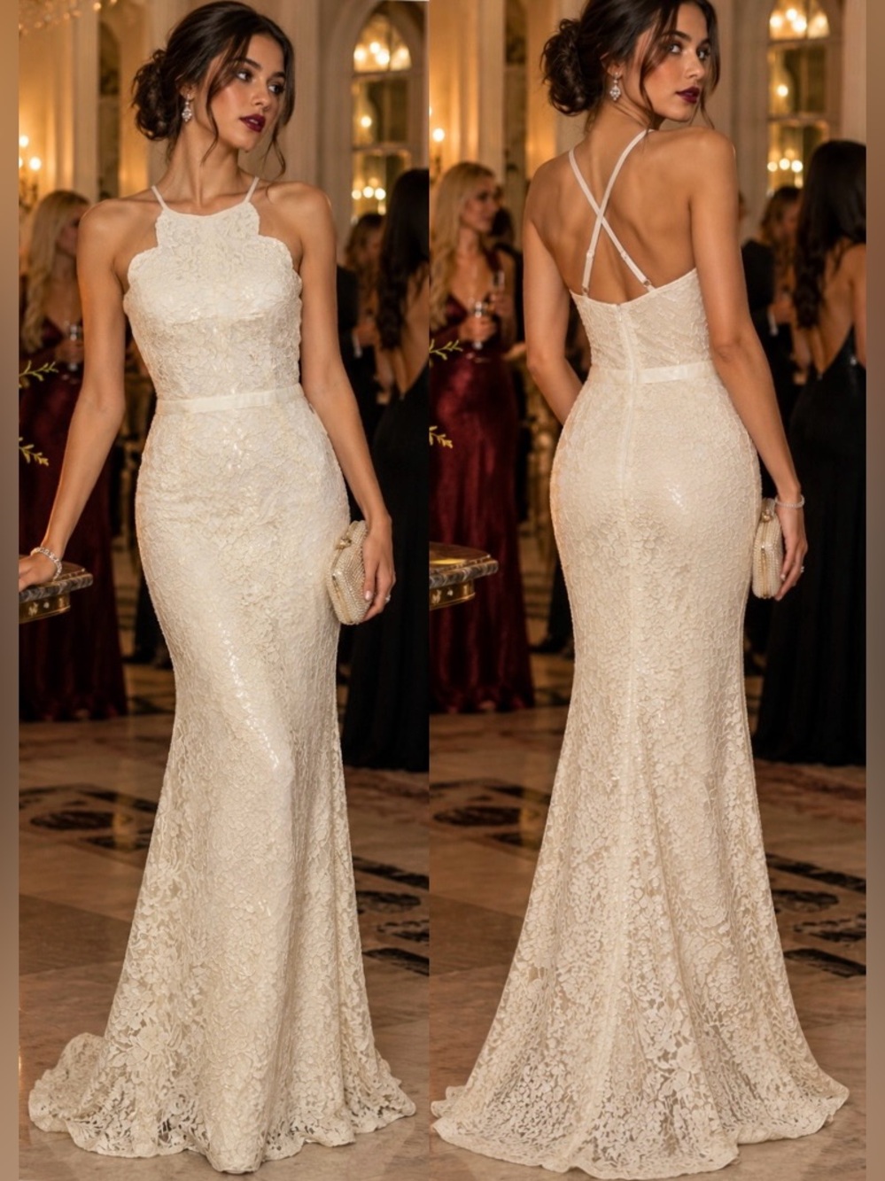 Lulus NWT S Ivory Floral Lace Mermaid Maxi Gown Cross Back Bridal Wedding Dress